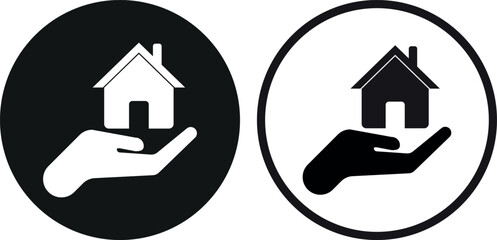 Home on hand icon set in two styles . Home care icon . Home insurance icon . Vector illustration