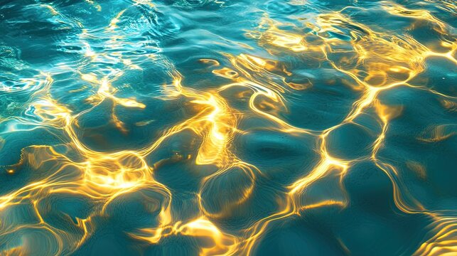 Abstract pattern of sunlight filtering through water creating light ripples on sandy seabed in cyan and golden yellow, sense of depth and movement