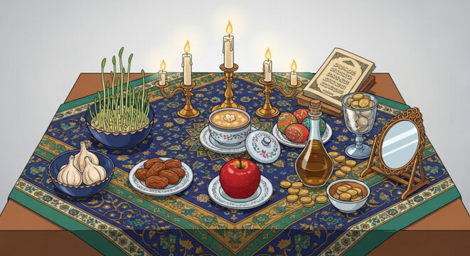 Traditional nowruz table setting with symbolic foods and items on a decorative blue and green patterned cloth