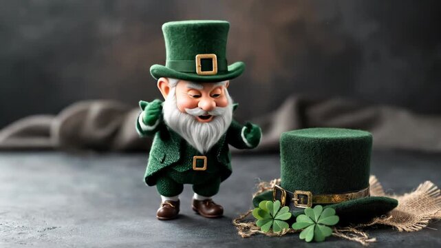 A delightful Irish leprechaun mascot, with a twinkling eye and tipping his classic green top hat, merrily celebrates the spirit of St Patrick's Day, surrounded by lucky shamrocks