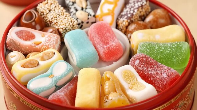 Colorful Chinese New Year candies arranged in a red gift box