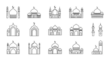 Obraz premium Collection of Mosque Architectural Illustrations Featuring Domes and Minarets