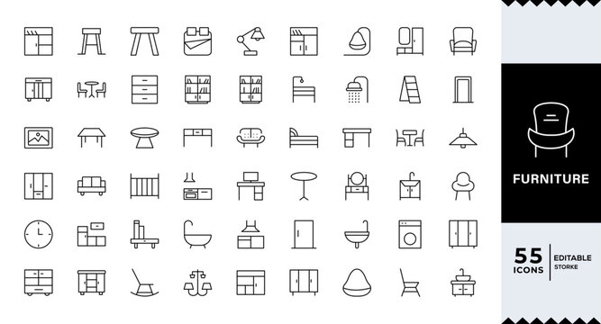 Pixel Perfect, Furniture Line Editable Icons set Vector illustration in modern thin line style of furniture and decor related icons: upholstered, cabinet 
