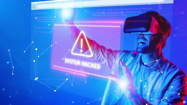 A person wearing a virtual reality headset interacts with a glowing hacking alert in a digital environment, illustrating the intersection of technology and security. Raster