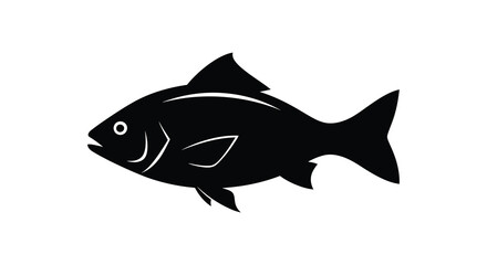 A stark black silhouette of a fish is prominently displayed against a white background showcasing its streamlined form silhouette high quality