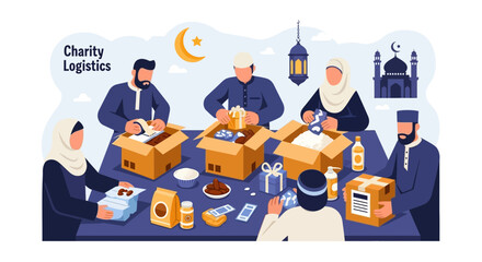 Group of volunteers packing donations at a community center during Ramadan charity event