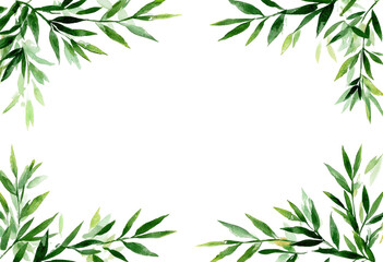 Watercolor depiction of green leaves arranged in corners framing an empty black space