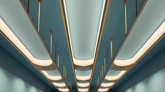 Modern light fixtures hang from the ceiling in a well-designed indoor space during daytime hours showcasing a unique architectural style and clean lines
