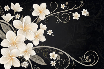 black  floral background for wedding invitation, wite delicate, soft flowers
