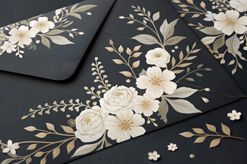 black  floral background for wedding invitation, wite delicate, soft flowers
