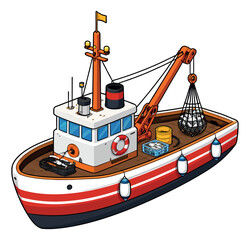 Fototapeta premium Hand drawn cartoon illustration of a fishing boat depicting a full net with fish for commercial fishing