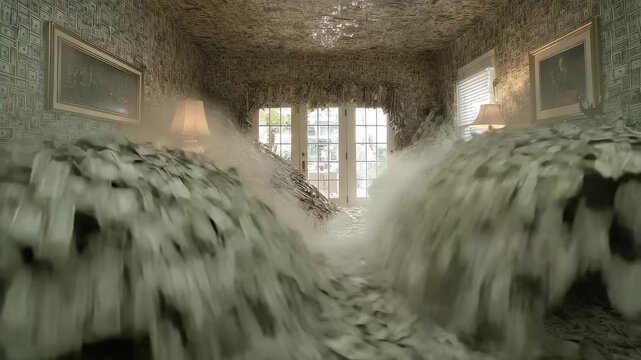 Money covers the entire room, filling every space and creating a unique indoor landscape during daytime