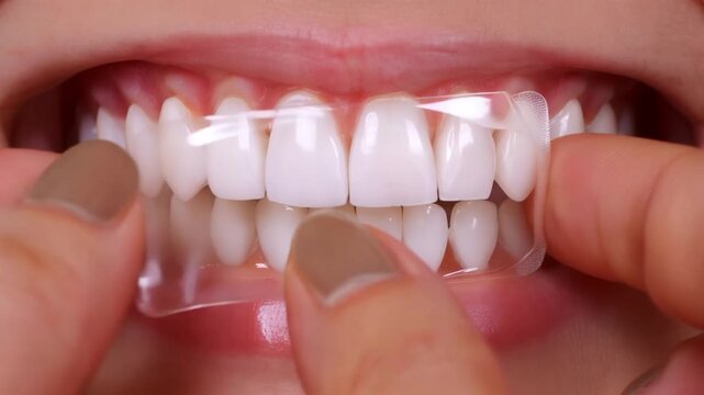 hands applying clear flexible dental whitening strip onto clean realistic upper teeth with visible gel layer