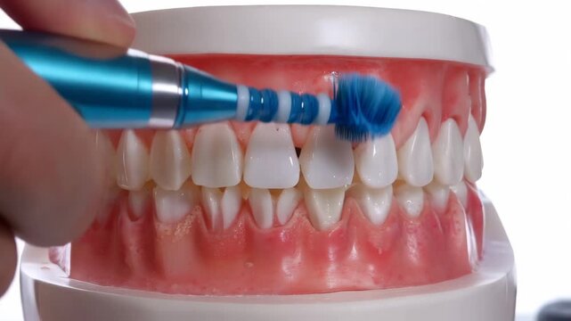 electric toothbrush with blue bristles cleaning textured surface of dental model typodont