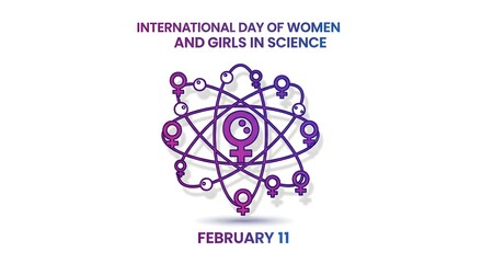Fototapeta premium International day of women and girls in science logo with purple atom symbol and text on white background for awareness and celebration