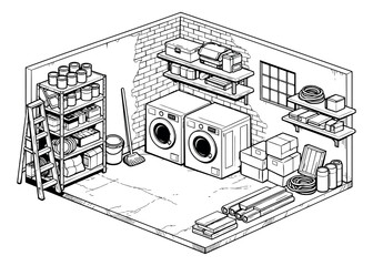 Isometric line art illustration of a basement utility room depicting a washing machine, dryer, and storage items for household chores and organization