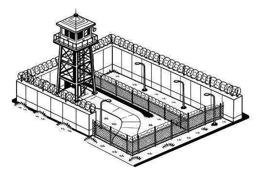 Isometric hand drawn line art illustration of a prison depicting security and confinement for criminal justice concepts
