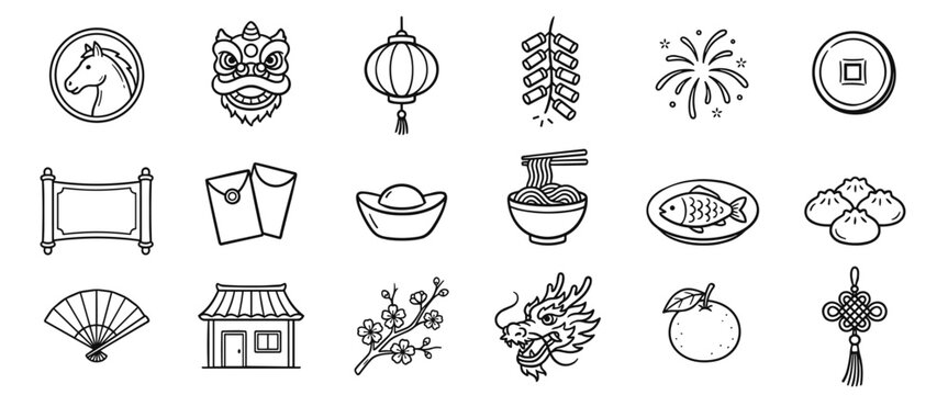 Chinese Lunar New Year icon set with dragon, lantern, firecrackers, and traditional food symbols in outline style