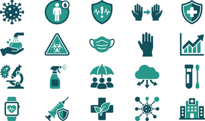 Modern graphic symbols illustrating crucial health, safety, and hygiene protocols for virus prevention and disease control