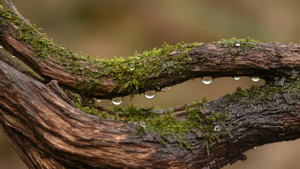 Obraz premium Macro photography of damp tree bark covered in vibrant green moss after rain, focusing on the rough texture and tiny water droplets, earthy tones, organic and imperfect design