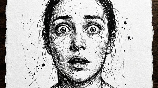 Close-up Ink Drawing of Person's Face Expressing Shock on White Paper Texture Background - Emotional Portrait Concept