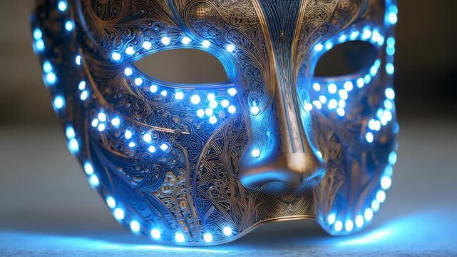 Decorative mask displayed on a table with intricate patterns and colorful lights during an event at a venue