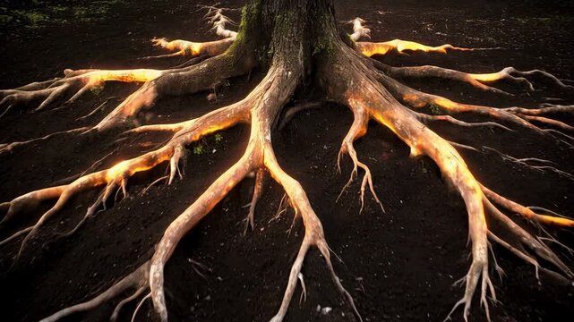 single tree to reveal vast glowing root system spreading wide and deep in earth. Realistic grounded powerful