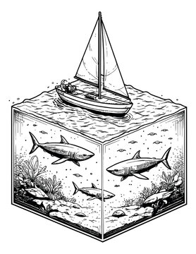Hand drawn line art illustration of an isometric ocean cube depicting a sailboat above and sharks with marine life below for an ecological concept
