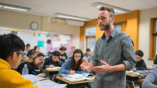 Teacher explains a concept to students in a classroom during a lesson in a high school setting in the afternoon
