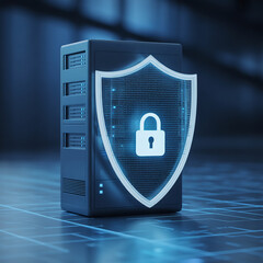 Secure Server With Cyber Security Shield Lock. data center, server protection