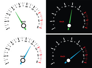 Car Speedometer Dashboard Gauges in Kilometer per Hour with Green and Blue Needles on White and Black Backgrounds