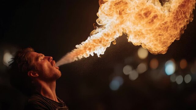 Fire performer entertains crowd with fire breathing act during evening event in outdoor venue surrounded by onlookers