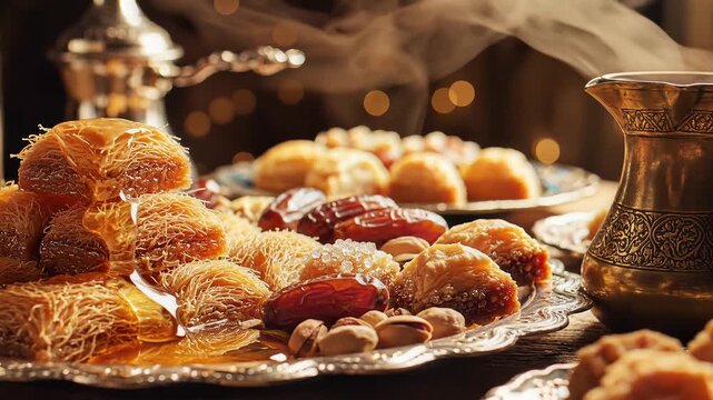Traditional Middle Eastern Sweets Baklava Dates Honey and Steaming Coffee