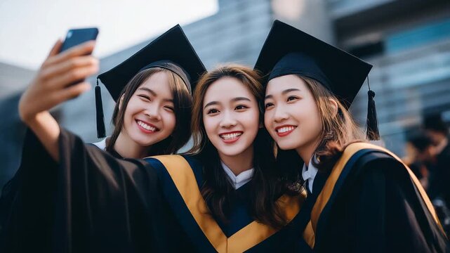 A group of happy graduates smiles while taking a selfie during an outdoor graduation ceremony, friendship, achievement, and joyful celebration of academic success.