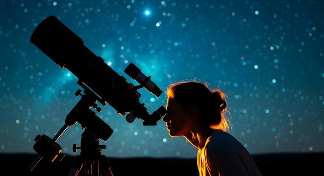 A person looking through a telescope at the night sky with stars and a galaxy