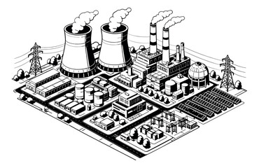 Obraz premium Isometric line art illustration of an industrial complex depicting a power plant, factories, and solar panels for modern infrastructure