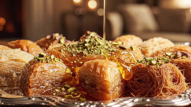 Dripping Honey on Traditional Baklava Dessert Platter with Pistachios