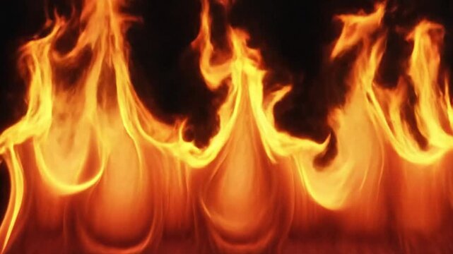 An abstract close-up of burning orange and red flames on a black background creates a hot, fiery texture of energy and heat from an intense, blazing inferno