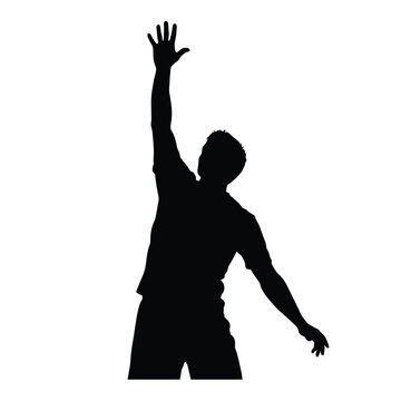 Silhouette of a person reaching up with one hand, arms extended, body angled, suggesting movement, effort, or a gesture of greeting, isolated on white background