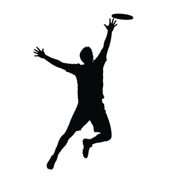 Male athlete catching frisbee mid-air, silhouette of man jumping to grab disc, dynamic action in ultimate frisbee, outdoor sport, recreational activity with energetic movement