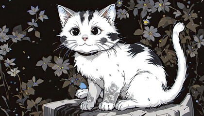 vector drawing of a black-and-white cartoon cat.