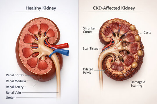Healthy kidney cross section CKD kidney cross section renal anatomy medical illustration frontal view educational disease comparison labeled diagram
