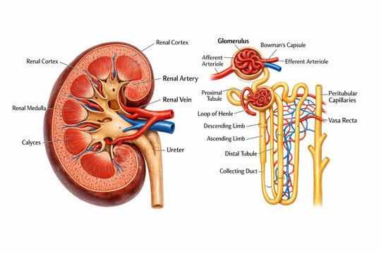 Renal anatomy medical illustration kidney nephron dialysis nephrology renal cortex renal medulla glomerulus blood vessel renal artery renal vein ureter calyx loop of henle proximal tubule distal