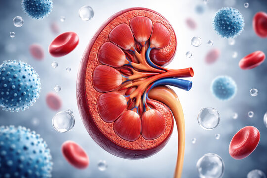 Kidney failure dialysis nephrology anatomy organ medical health blood cell artery vein 3d illustration concept microscopic disease treatment care biology science