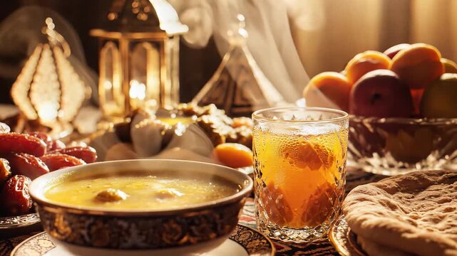 Iftar Dinner Table Setting Traditional Ramadan Meal Dates Soup Juice