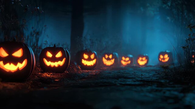 Group of carved pumpkins with glowing faces along a dark forest path at night during Halloween season