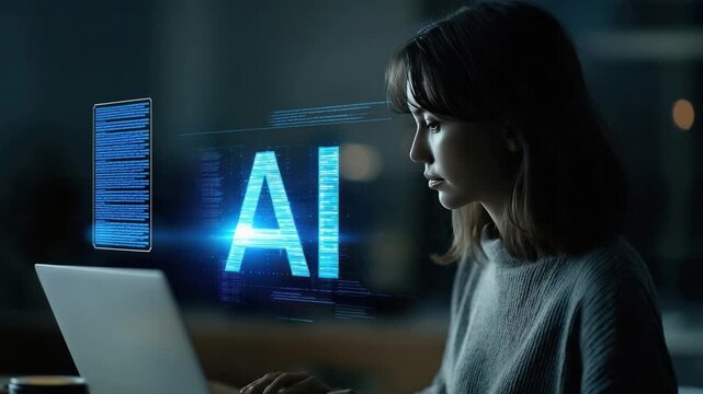 AI and Innovation: A focused woman intently working on a laptop, with a holographic AI overlay, symbolizing the cutting edge of technological advancement and human-computer interaction.