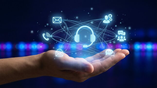 A hand presenting a glowing network of communication icons including headphones signifying modern customer service and connectivity high quality professional detailed elegant