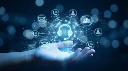 Obraz premium A glowing hand presents a network of interconnected digital icons representing customer service communication and technological support systems high quality professional detailed