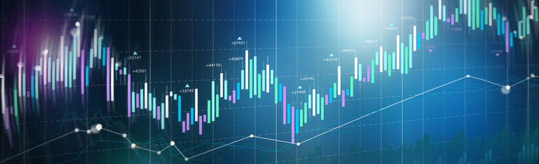 A dark blue background of financial charts and diagrams with contrasting blue lines representing declining rates and shares